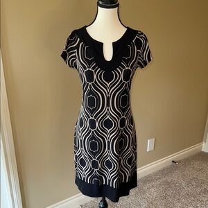 Sweet Storm Black Cream Sheath Midi Dress Scoop Keyhole Neck Short Sleeve Women